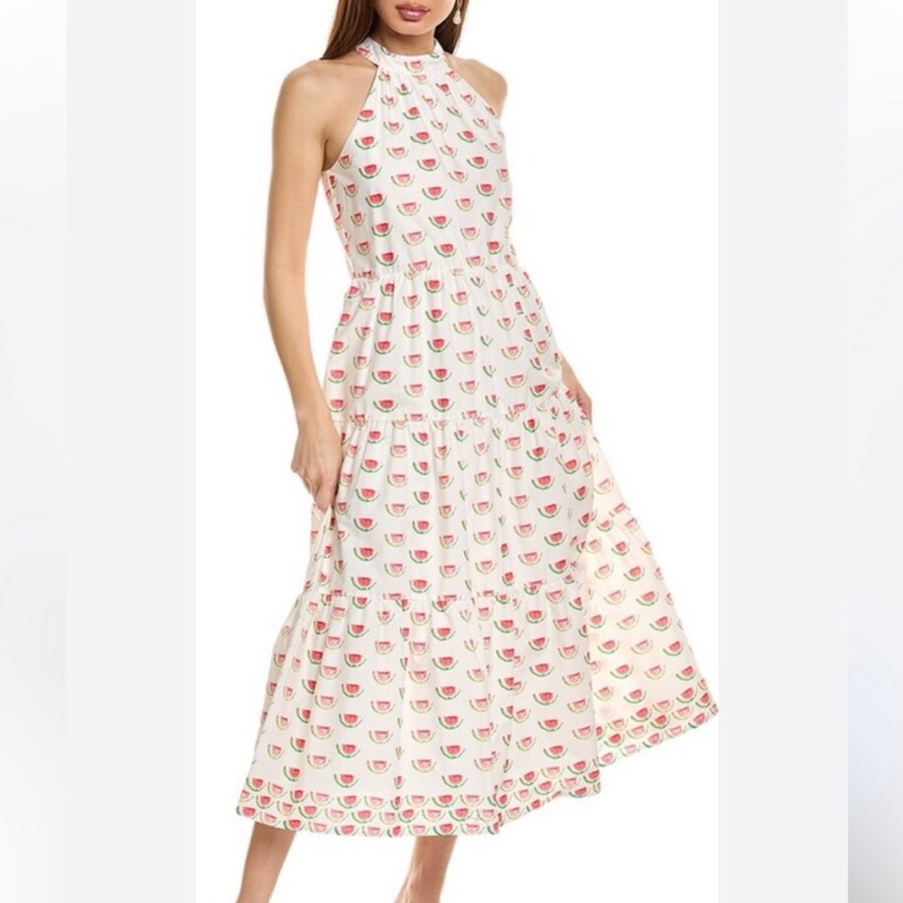 Flora Bea NYC 100% Cotton Watermelon Print Halter Midi Dress Size M White Fruit